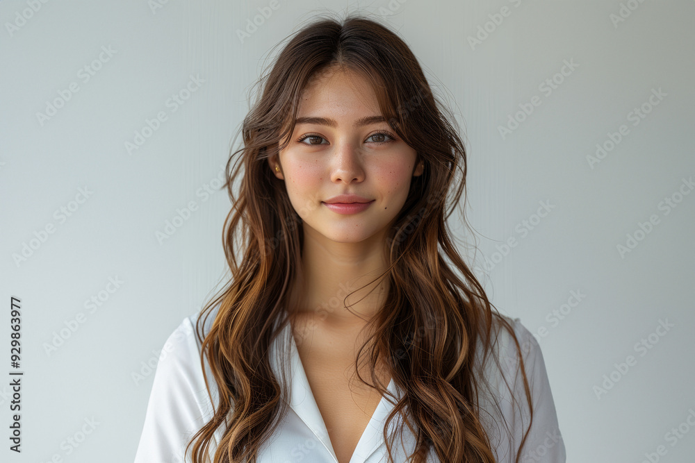 Obraz premium casual portrait features a young woman with straight hair and a soft smile, highlighted by a crisp white shirt and a bright, clean background.