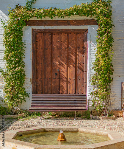 Historic Wooden Door with Ivy and Fountain in Alhambra Palace