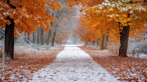 Winding road covered with snow leading through a forest with autumn foliage in the snow photo