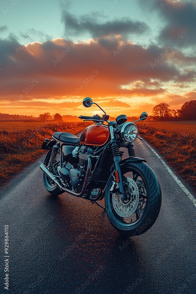 Red and chrome motorcycle standing on an empty road at sunset Red and chrome motorcycle standing on an empty road at sunset