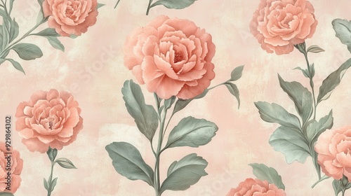 A floral pattern featuring soft pink peonies and green leaves on a textured background.