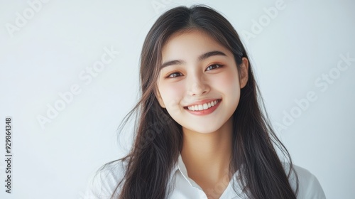 casual portrait features a young woman with straight hair and a soft smile, highlighted by a crisp white shirt and a bright, clean background.