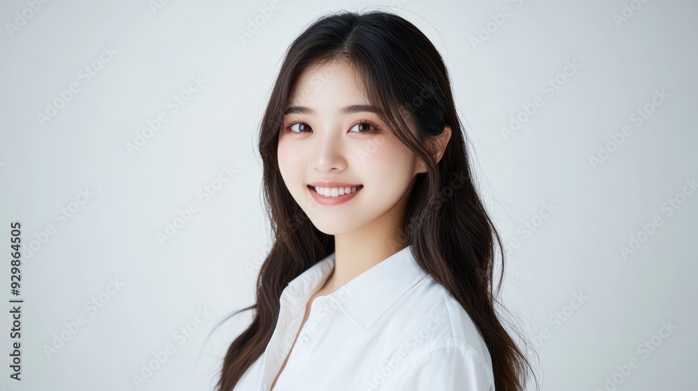 casual portrait features a young woman with straight hair and a soft smile, highlighted by a crisp white shirt and a bright, clean background. casual portrait features a young woman with straight hair and a soft smile, highlighted by a crisp white shirt and a bright, clean background.