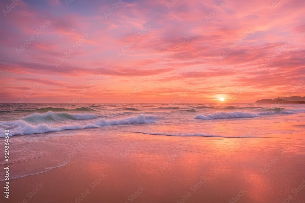 Obraz premium A peaceful beach at sunset with the sky painted in warm hues of orange and pink and gentle waves, AI Generated