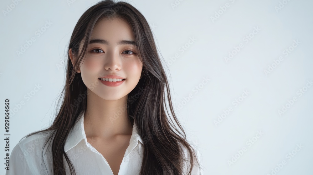 casual portrait features a young woman with straight hair and a soft smile, highlighted by a crisp white shirt and a bright, clean background.