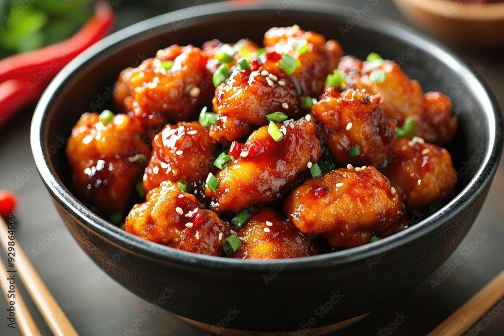 Bowl of delicious orange chicken garnished with green onions being served on table Bowl of delicious orange chicken garnished with green onions being served on table