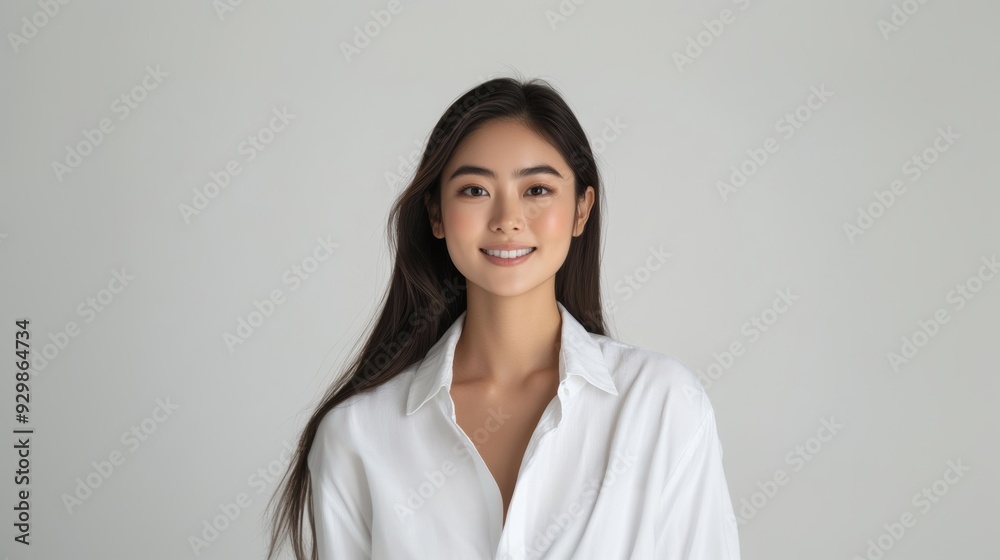 casual portrait features a young woman with straight hair and a soft smile, highlighted by a crisp white shirt and a bright, clean background. casual portrait features a young woman with straight hair and a soft smile, highlighted by a crisp white shirt and a bright, clean background.