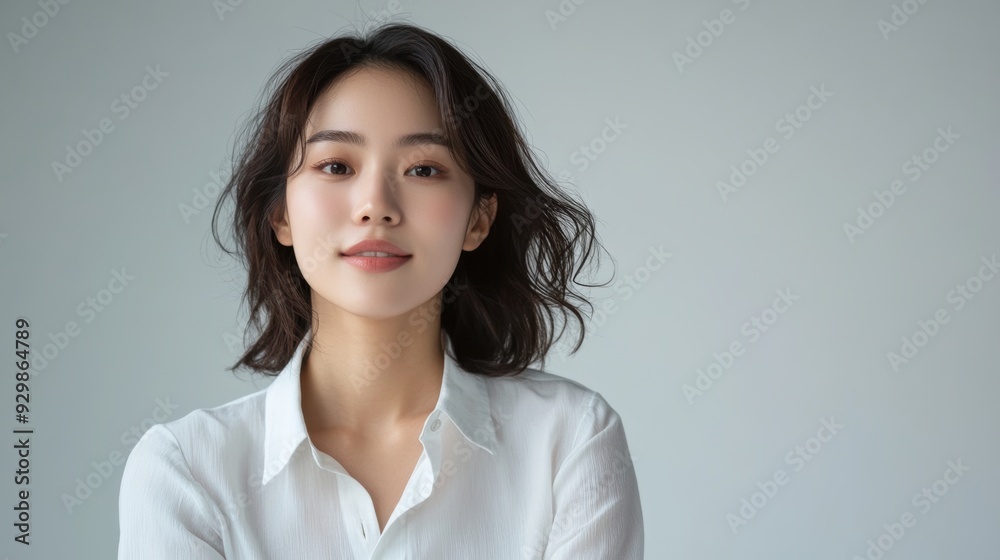 casual portrait features a young woman with straight hair and a soft smile, highlighted by a crisp white shirt and a bright, clean background.