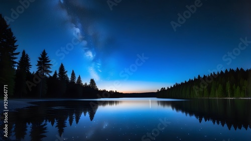 Landscape with lake in the forest at night. Nature composition.