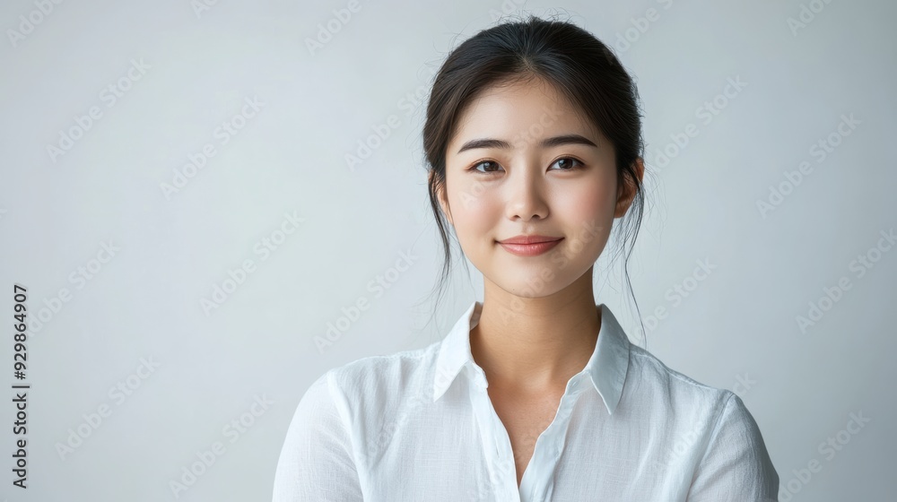 casual portrait features a young woman with straight hair and a soft smile, highlighted by a crisp white shirt and a bright, clean background. casual portrait features a young woman with straight hair and a soft smile, highlighted by a crisp white shirt and a bright, clean background.