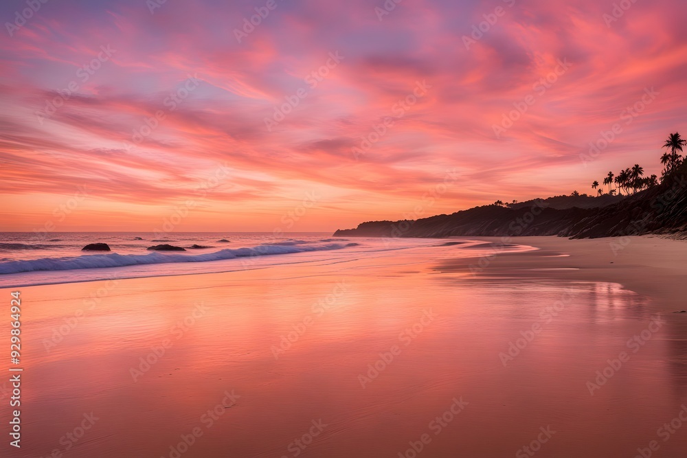 A peaceful beach at sunset with the sky painted in warm hues of orange and pink and gentle waves, AI Generated