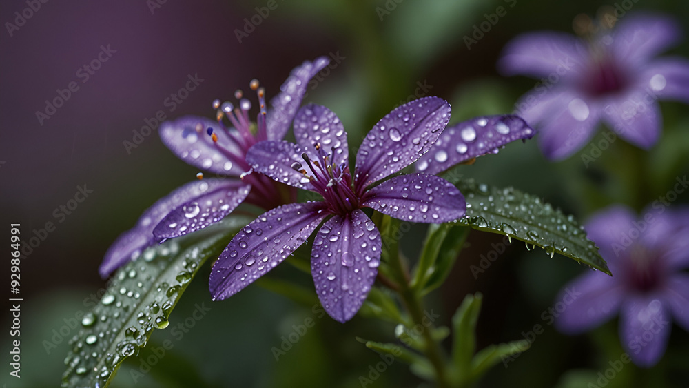 Close-up of a wet purple flowering plant in Bolingbrook, Illinois, USA, with water droplets on the petals. Close-up of a wet purple flowering plant in Bolingbrook, Illinois, USA, with water droplets on the petals.