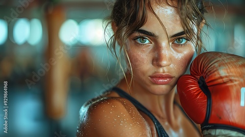 A woman punching a boxing bag in a gym. her muscle definition highlighted by dynamic lighting. sleek and modern gym setting. vibrant colors. captured with a sports photography lens. hd quality.