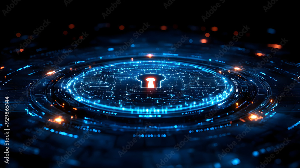 Obraz premium Digital lock symbol surrounded by glowing circuits and data.