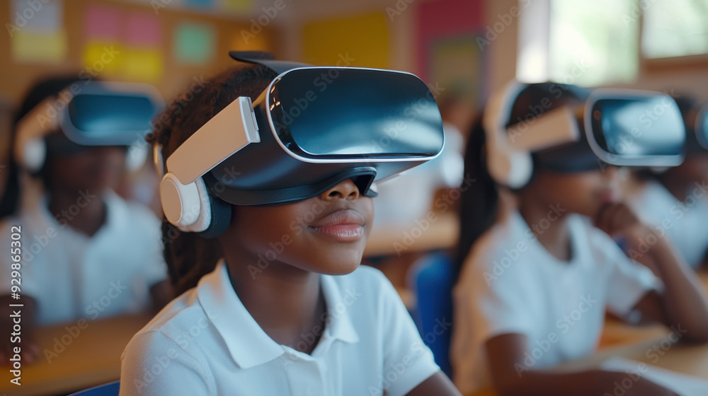 Black children in futuristic VR helmets in classroom, engaging with virtual lessons, realistic lighting, high detail, high resolution