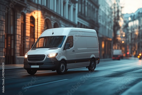 White delivery van driving on a street at dusk