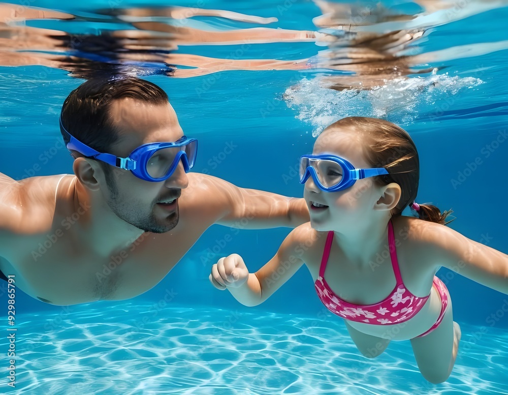 Naklejka premium A man dad and a girl daughter enjoy swimming underwater in a bright blue pool during a summer day