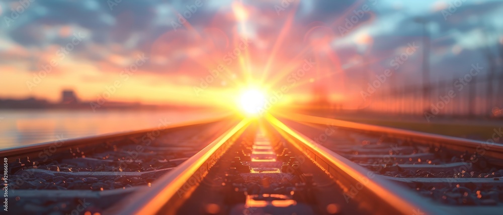 Obraz premium A train track by a body of water, sun setting behind it, afternoon sky filled with clouds