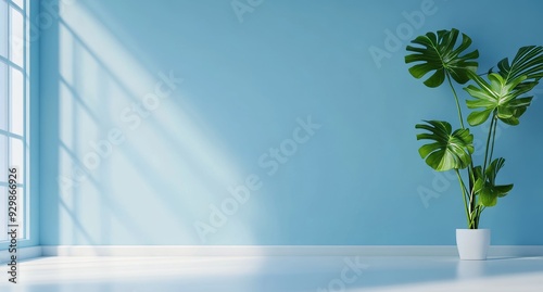 Minimalist plain green background for product photography with just one monstera plant on the right side