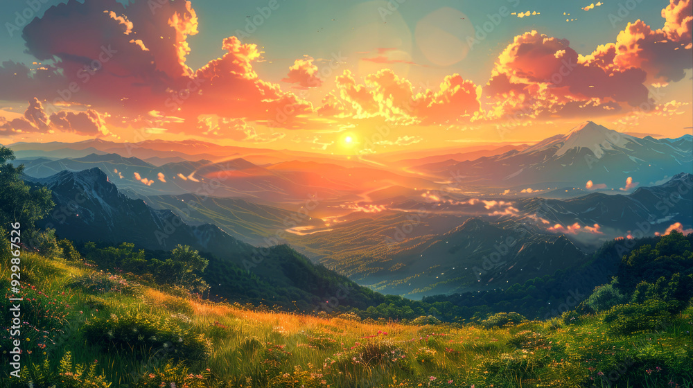 Sun Setting Over A Mountain Range With Lush Vegetation Sun Setting Over A Mountain Range With Lush Vegetation