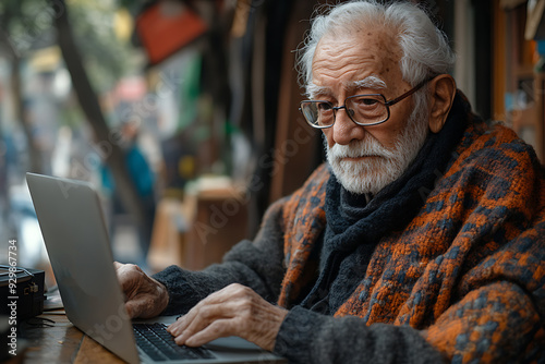 Senior man in a cozy cafe, focused on working with a laptop, symbolizing active aging and digital literacy. 