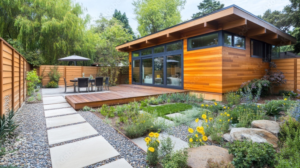 Fototapeta premium Modern wooden house with a backyard patio and a stone pathway.