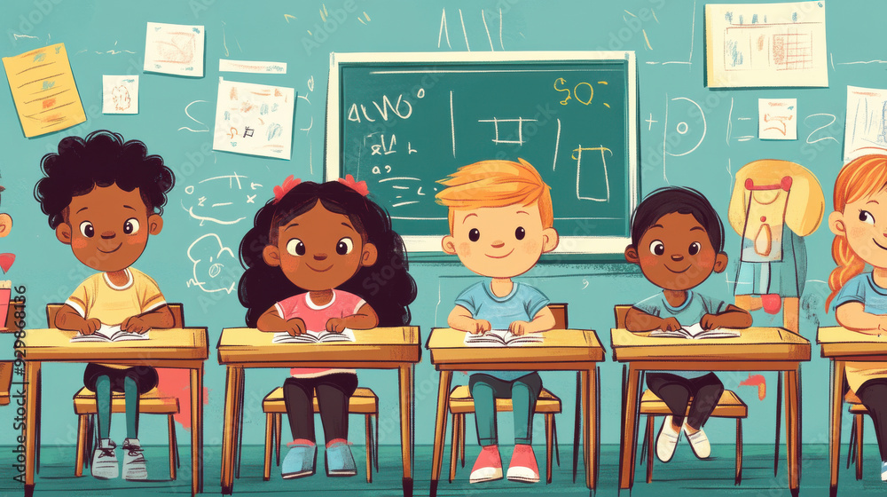 Cartoon illustration of diverse children with different skin tones sitting dynamically at desks in a classroom, with a teacher at the blackboard, bold lines and colors Cartoon illustration of diverse children with different skin tones sitting dynamically at desks in a classroom, with a teacher at the blackboard, bold lines and colors