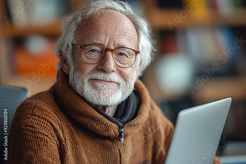 Senior man in a cozy cafe, focused on working with a laptop, symbolizing active aging and digital literacy. 