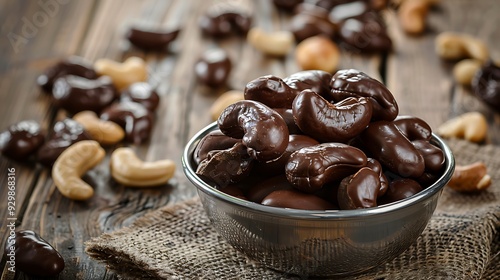 Chocolate covered cashew nuts in a metal bowl on an oak table
