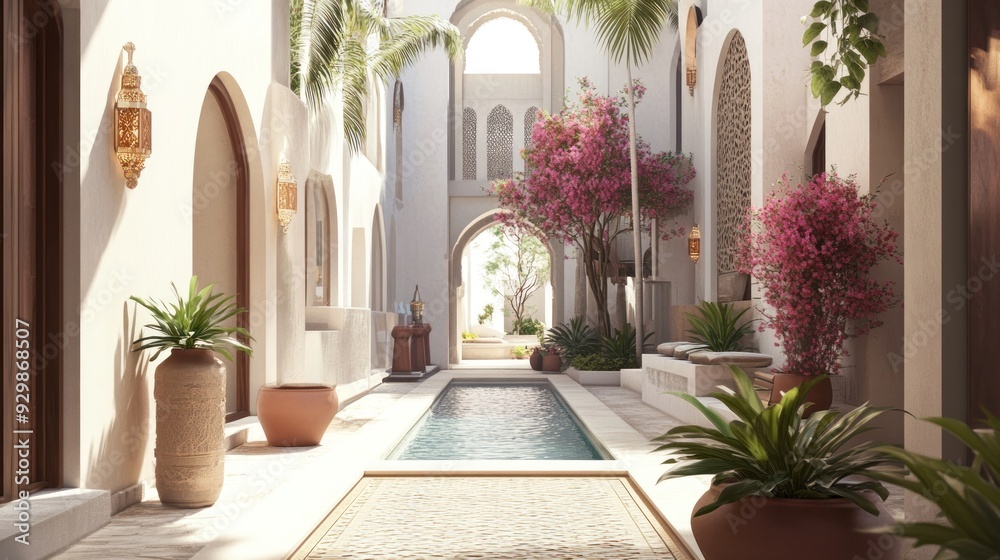 A beautiful view of a courtyard with a pool, plants, and archways. A beautiful view of a courtyard with a pool, plants, and archways.