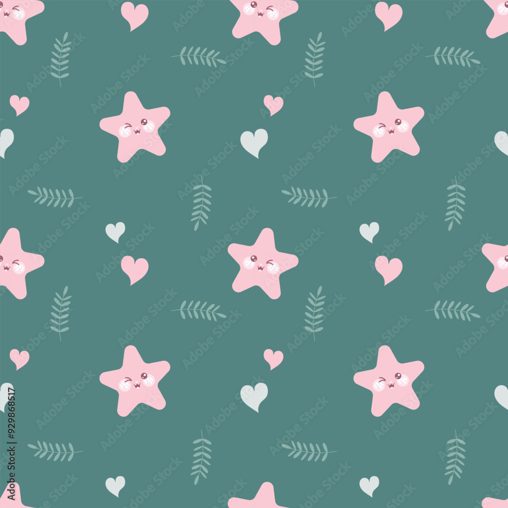 Cute kawaii cartoon stars and heart seamless pattern Cute kawaii cartoon stars and heart seamless pattern