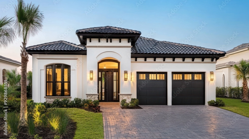Modern two-story home with white exterior, black tiled roof, and black garage doors. Modern two-story home with white exterior, black tiled roof, and black garage doors.