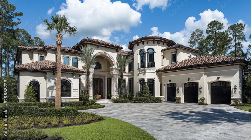 Fototapeta premium A large, white, mediterranean-style house with a tile roof, palm trees, and a paved driveway.