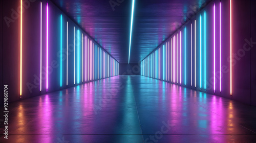 Futuristic corridor illuminated by colorful neon lights.