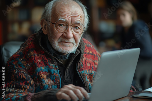 Senior man in a cozy cafe, focused on working with a laptop, symbolizing active aging and digital literacy. 