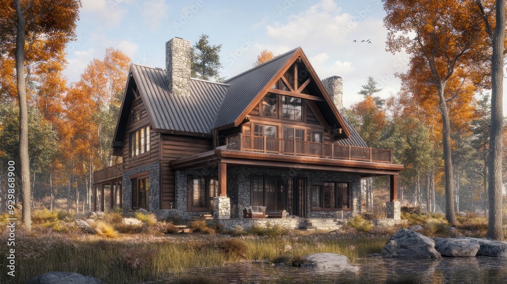 A stunning log cabin nestled in a lush autumnal forest, showcasing a serene lake with large boulders. The cabin's intricate stonework and expansive windows create an inviting and cozy atmosphere.