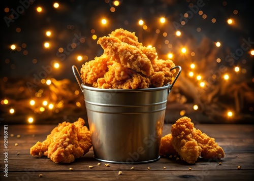 Vibrant night scene featuring a heaping bucket of crispy fried chicken strips set against a dark background, illuminated by warm golden lighting. photo