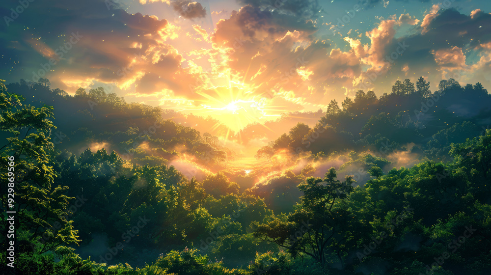 Sunbeams Breaking Through a Forest Canopy at Sunset Sunbeams Breaking Through a Forest Canopy at Sunset