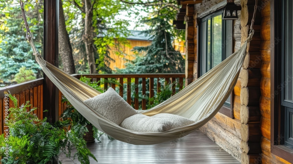 Relaxing Hammock on a Wooden Porch with Lush Greenery