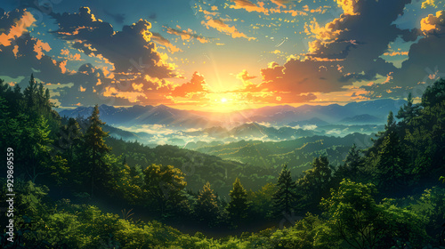 A Scenic Sunrise Over Forested Mountains