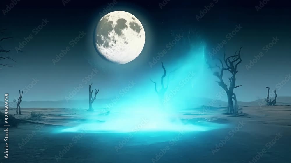 Spooky moonlit night in a desolate landscape with dead trees, perfect for halloween or a horror movie scene, symbolizing climate change effects. Peaceful solitude despite the eerie vibe Spooky moonlit night in a desolate landscape with dead trees, perfect for halloween or a horror movie scene, symbolizing climate change effects. Peaceful solitude despite the eerie vibe