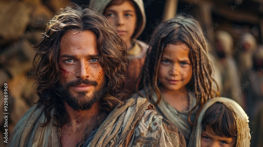 Jesus lovingly and tenderly taking care of a children Jesus lovingly and tenderly taking care of a children