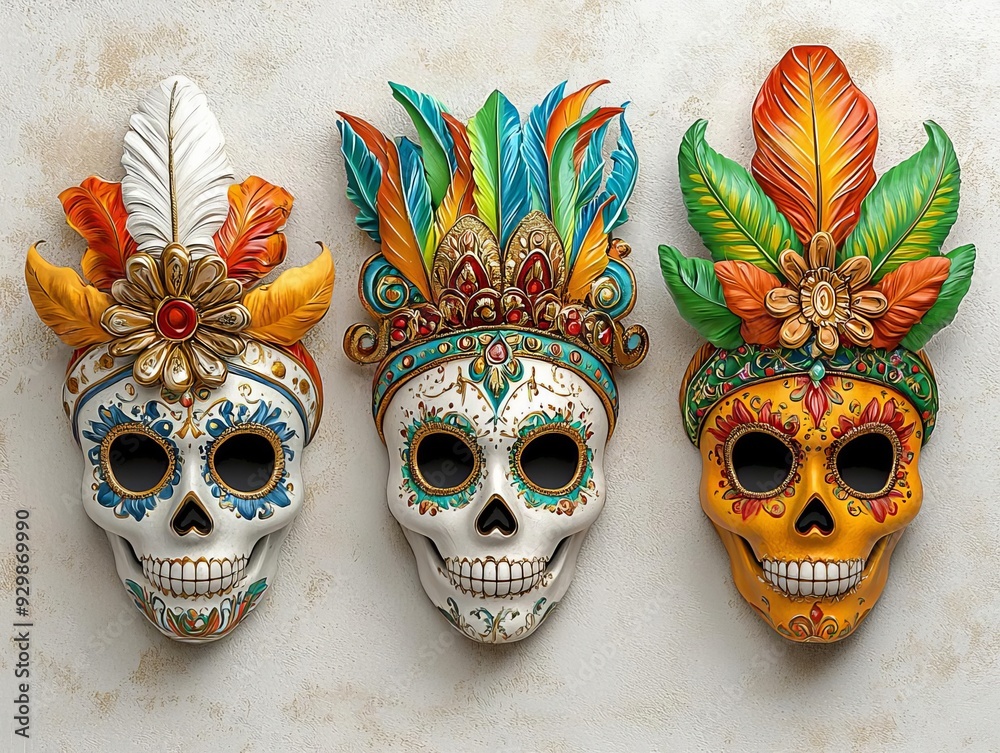 Fototapeta premium Boho Halloween, bohemian-style skull masks, 3D illustration