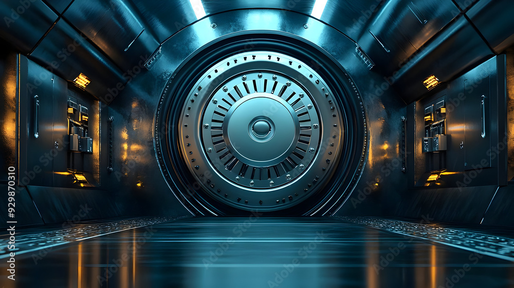 Fototapeta premium Futuristic metallic corridor with a large vault door.