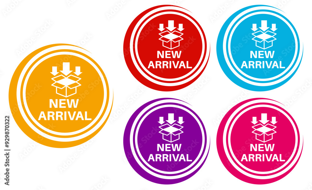 set trendy colorful new arrival icon sign. comes new product labels template sticker design vector illustration set trendy colorful new arrival icon sign. comes new product labels template sticker design vector illustration