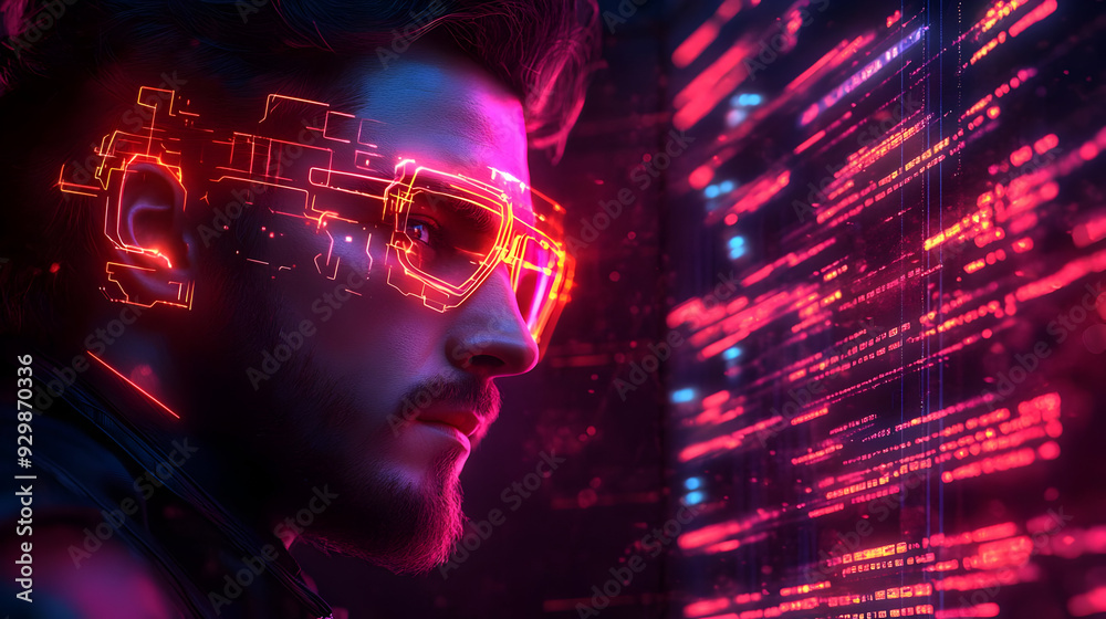 Futuristic portrait of a person with digital glasses and neon effects. Futuristic portrait of a person with digital glasses and neon effects.