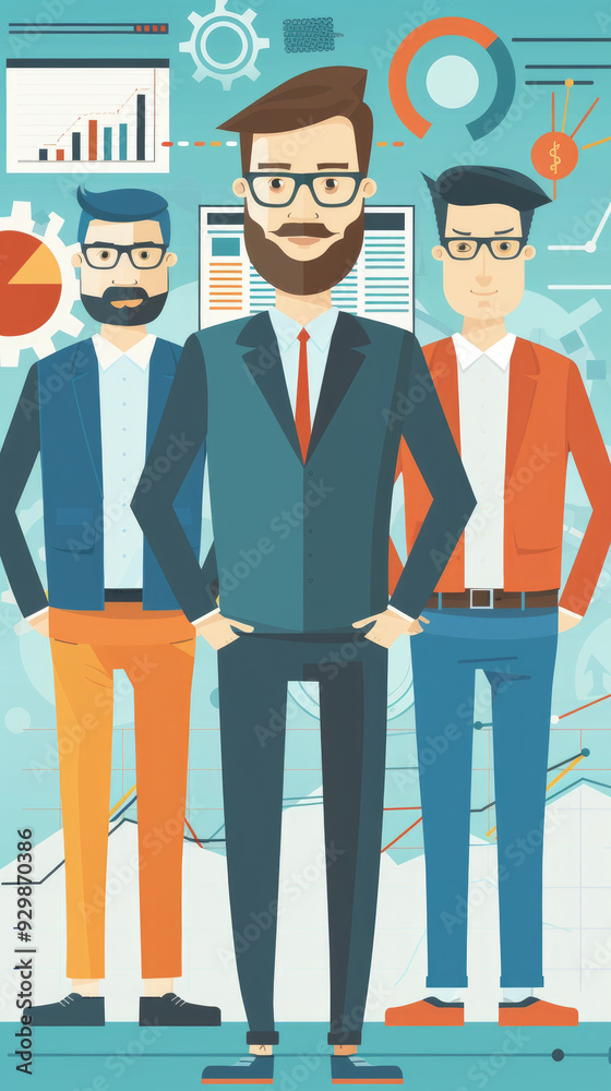 Three business professionals stand together, engaged in financial analytics in a vibrant office setting Three business professionals stand together, engaged in financial analytics in a vibrant office setting