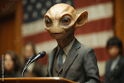 An alien in a suit giving a speech at a podium with an American flag in the background, symbolizing extraterrestrial diplomacy.
