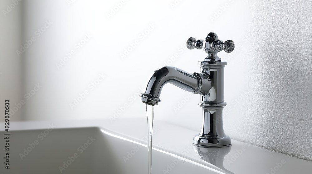 Elegant Chrome Bathroom Faucet with Water Flowing into Sink Elegant Chrome Bathroom Faucet with Water Flowing into Sink