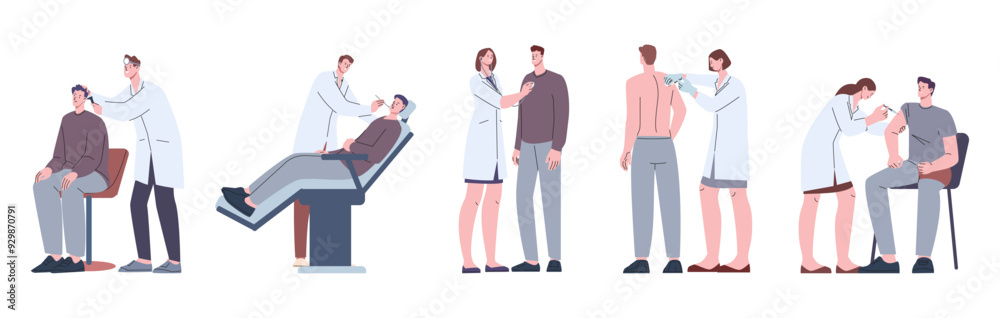 Man at doctors. Medical check up for army job police or vaccination. Preparation for surgery or travel. Young guy in hospital vector scenes Man at doctors. Medical check up for army job police or vaccination. Preparation for surgery or travel. Young guy in hospital vector scenes